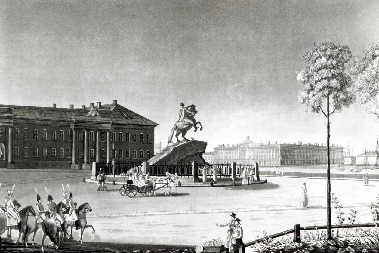 Uitzicht op het standbeeld van Peter de Grote op het Senaatsplein, St. Petersburg door French School