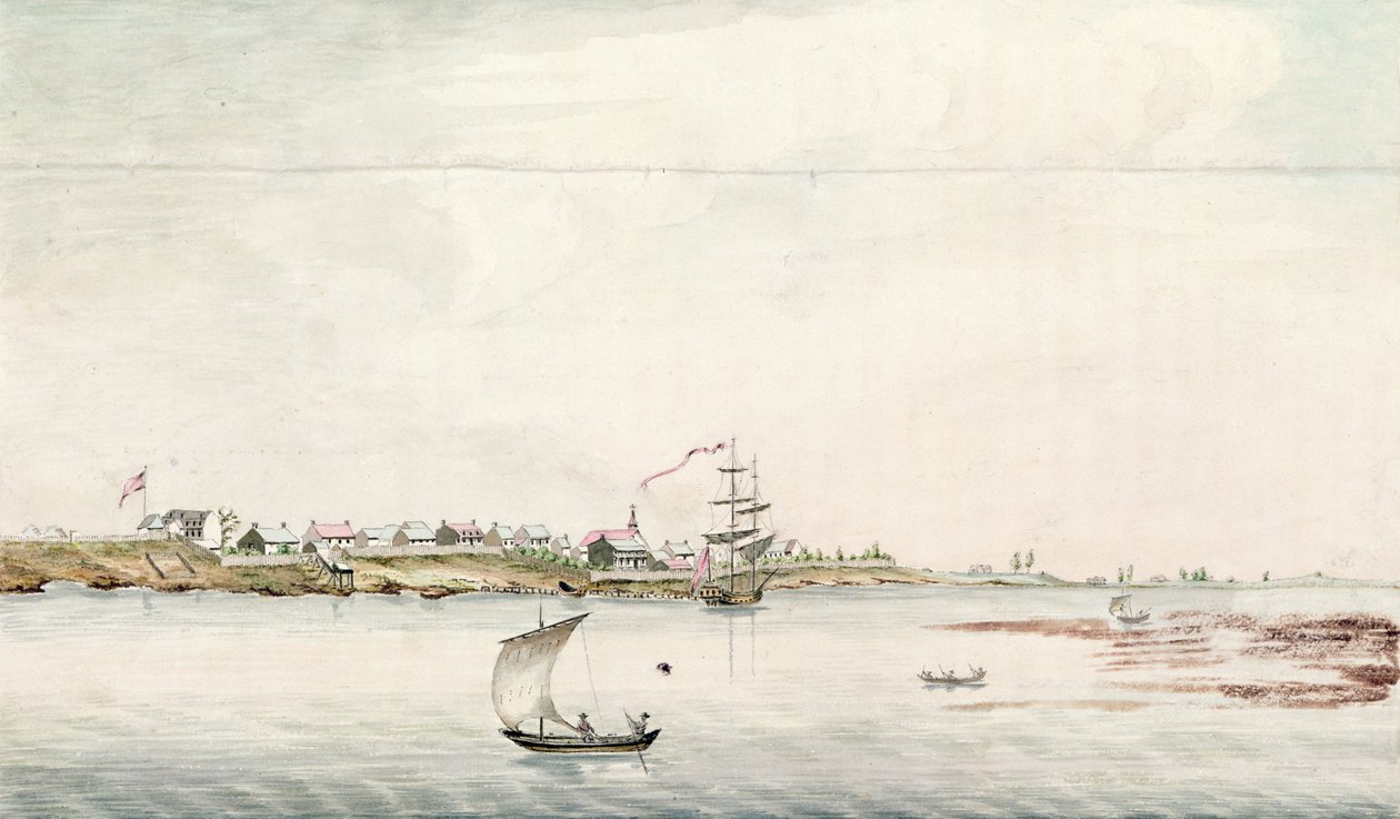 Uitzicht op de stad en het fort van Detroit, eind achttiende eeuw door French School