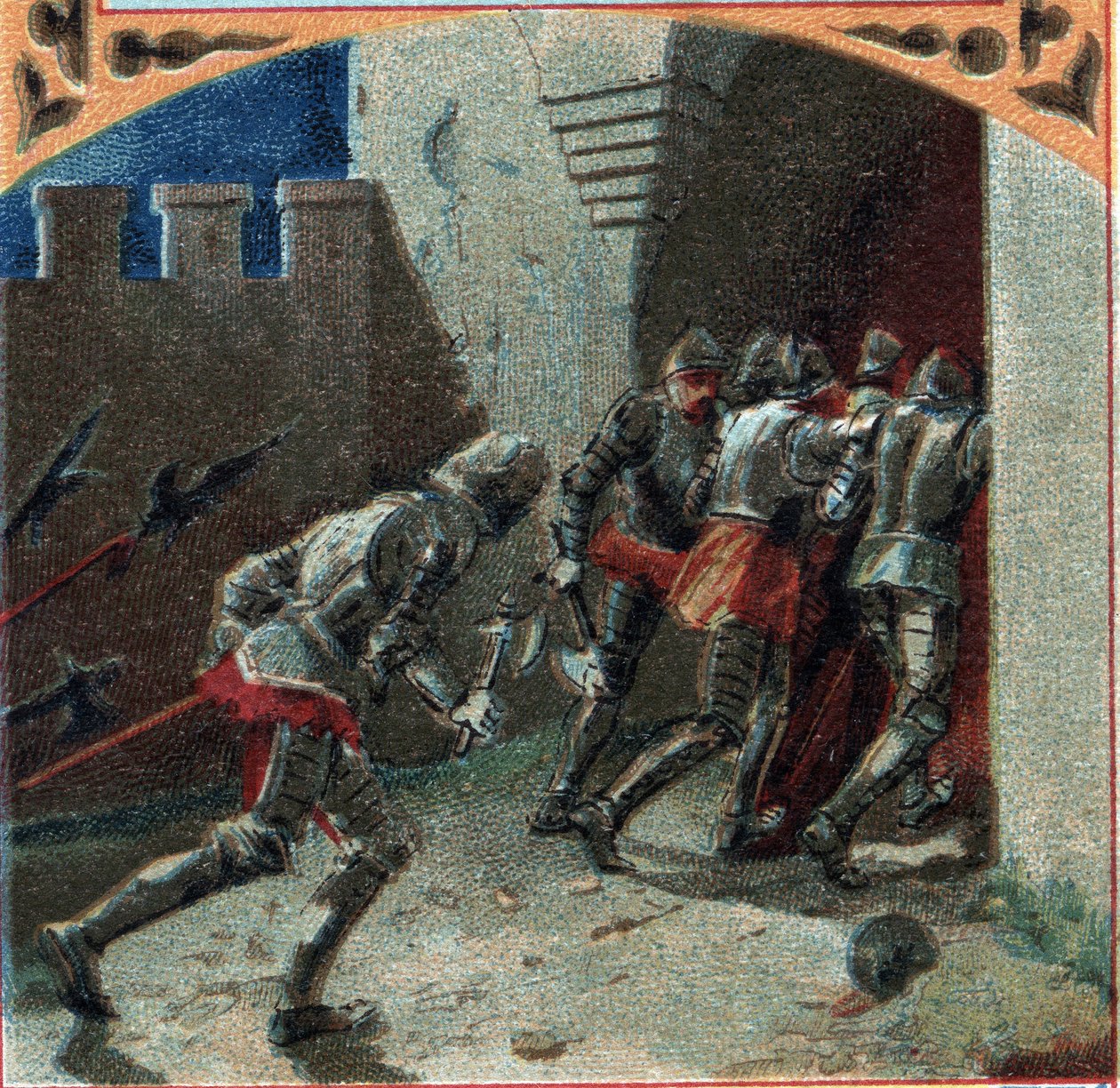 100-jarige oorlog: het leger van de Bourgondiërs veroverde het kasteel van Pierrefonds door verraad (14e eeuw). Chromolithografie uit het einde van de 19e eeuw door French School