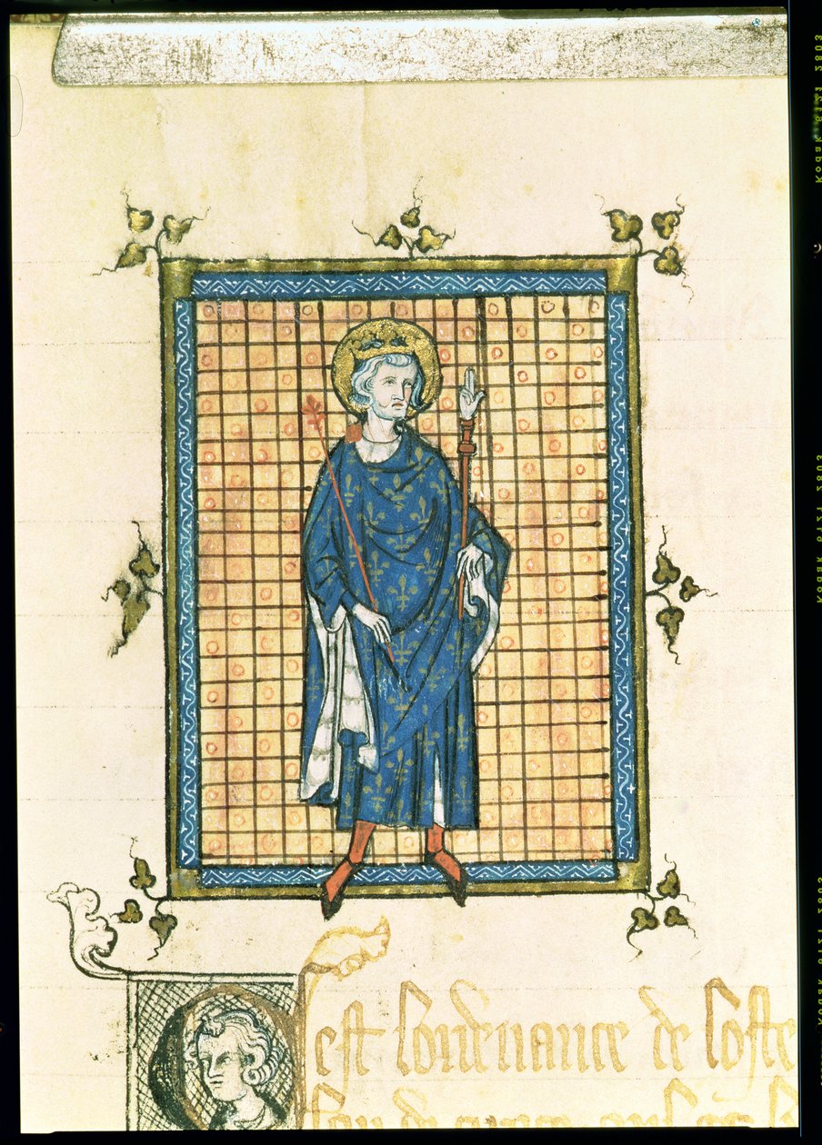 Koning Saint Louis draagt de Scepter en de Hand van Gerechtigheid, uit Registre des Ordonnances de L