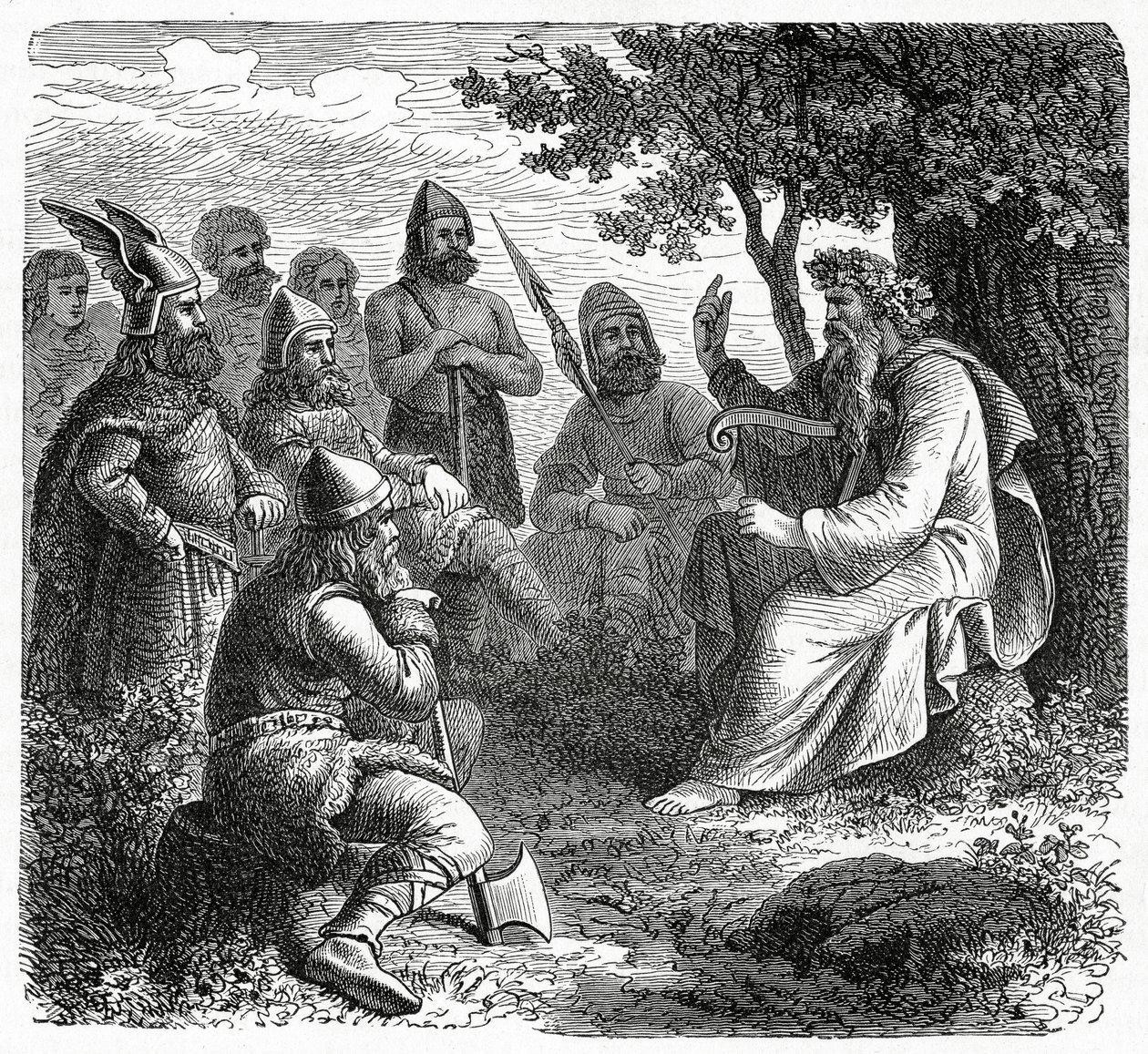 Een bard die voordraagt aan Noormannen, c.1882 door French School