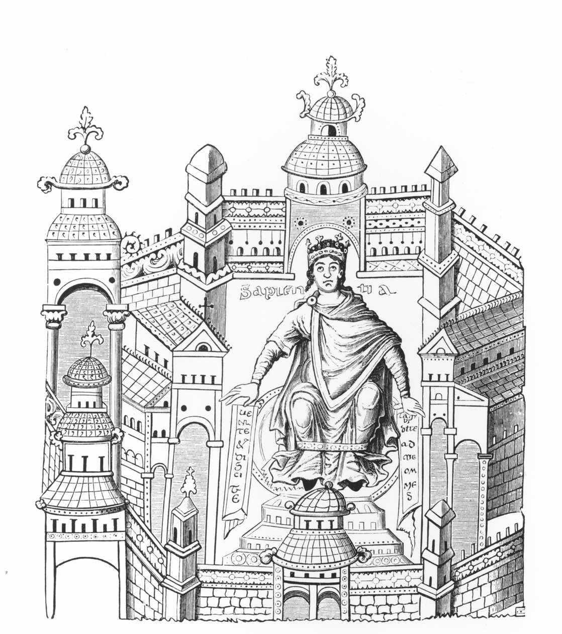 Een Karolingische koning in zijn paleis, personificatie van Wijsheid die een beroep doet op het hele menselijk ras, gekopieerd door Graaf Horace de Viel-Castel door French School