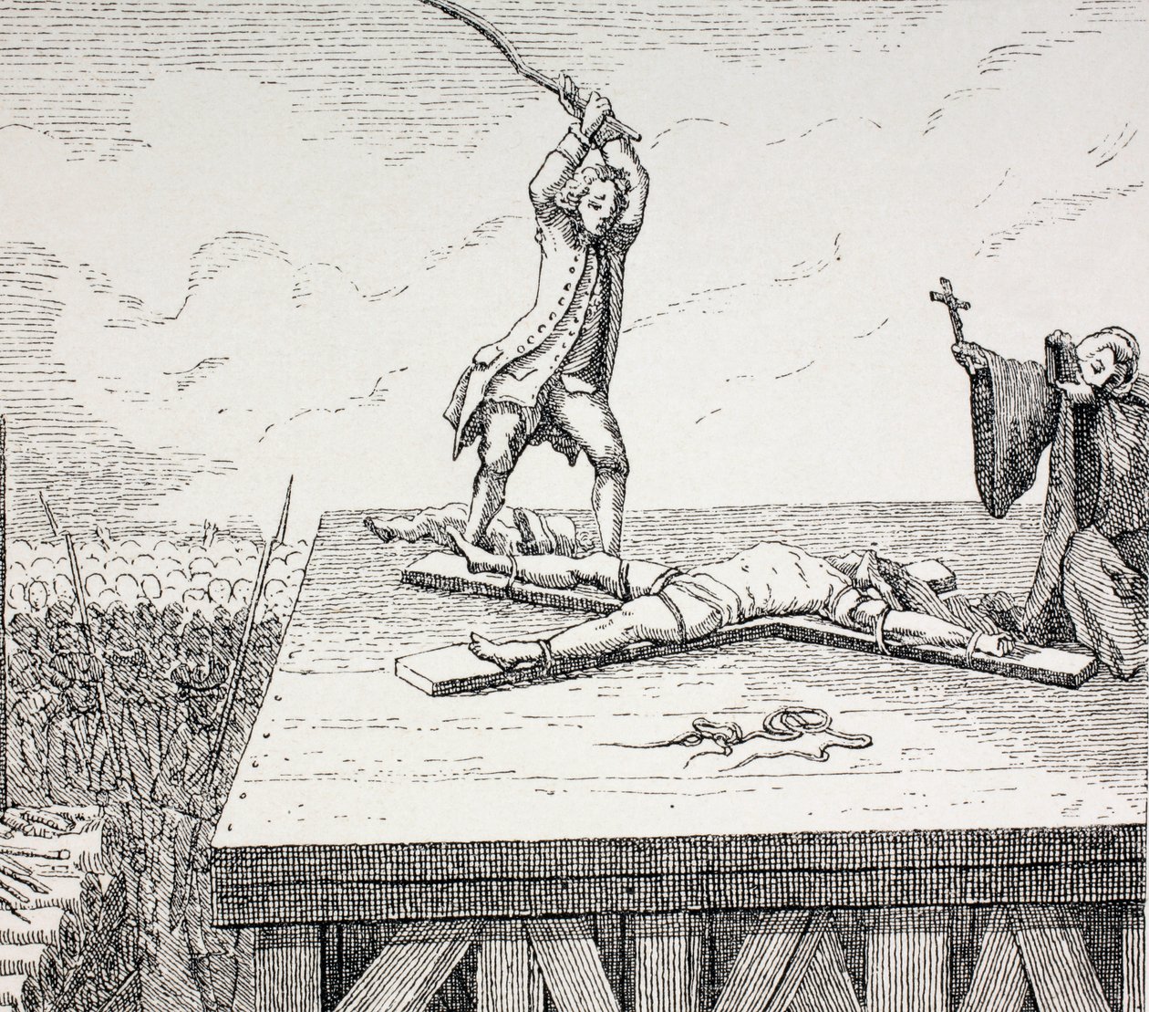 Een crimineel ter dood veroordeeld op een Sint-Andreaskruis in de 18e eeuw in Frankrijk, 1875 door French School
