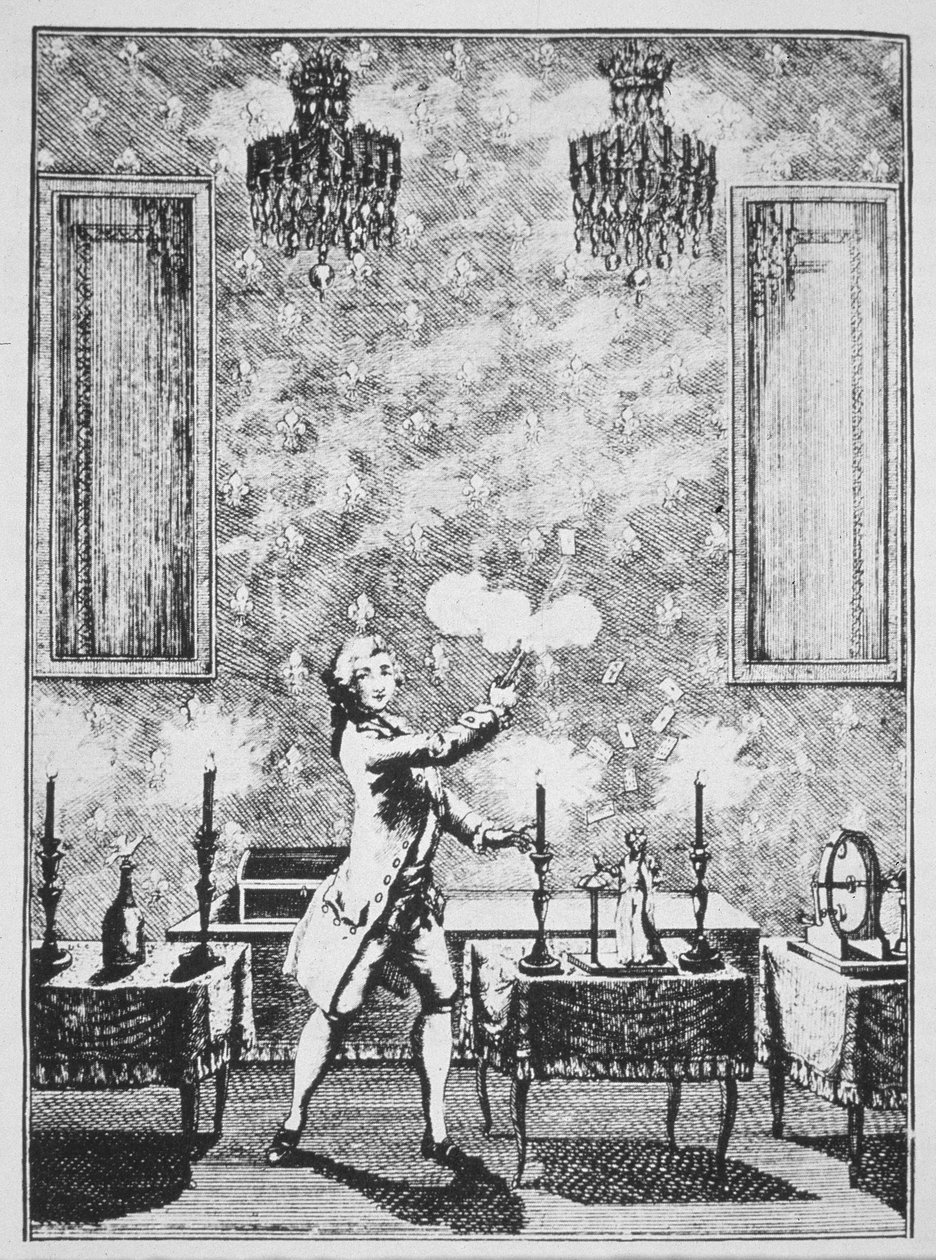 Een demonstratie van goochelen uit La magie Blanche devoilee door Decremps, 1659, geïllustreerd in een Geschiedenis van de Magie, gepubliceerd eind 19e eeuw door French School