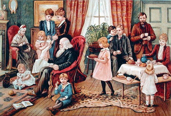 Een familie die thee drinkt, ca. 1900 door French School