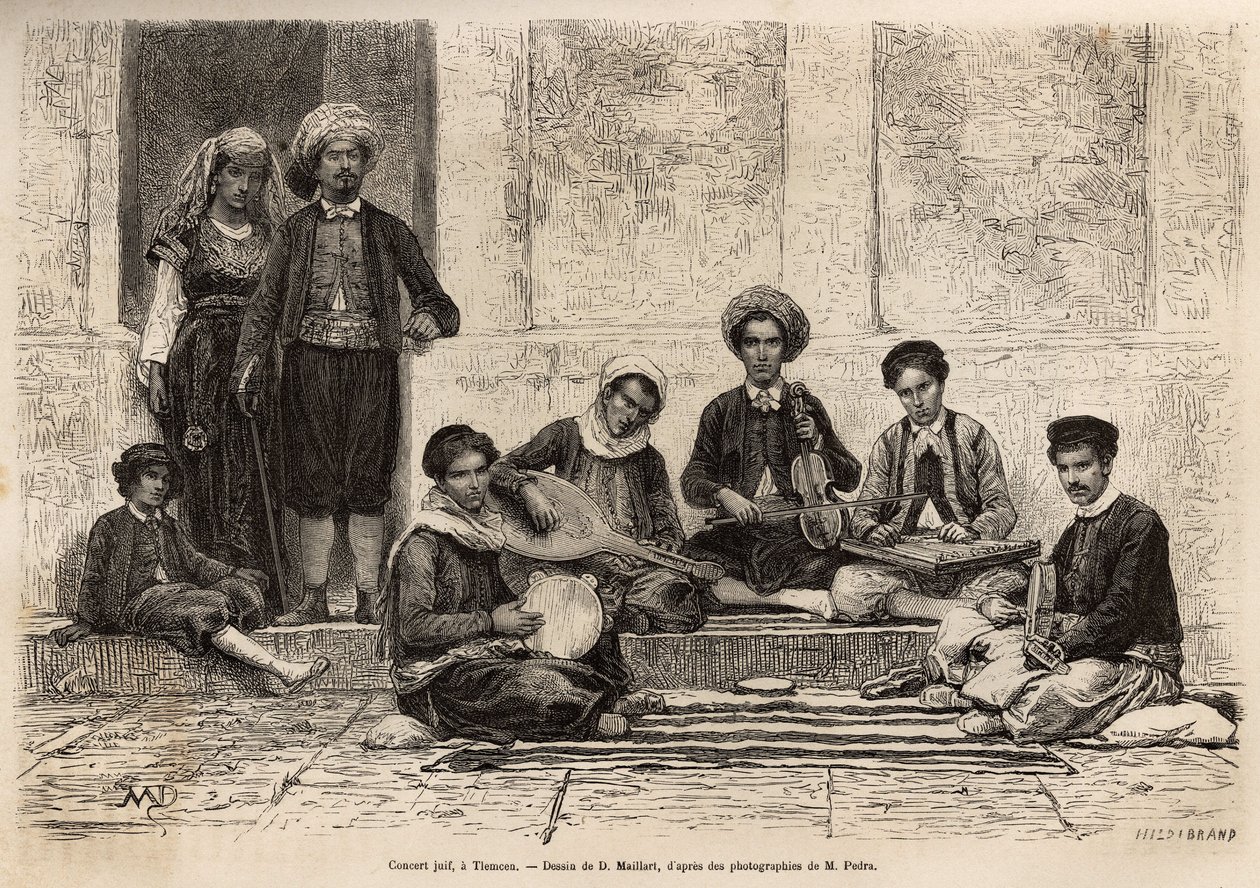 Een Joods orkest in Tlemcen, bestaande uit 5 instrumenten: de rbab met 2 snaren; de kouistra, een soort luit; de kamendja, of viool; de centihr, een soort plat trapeziumvormige kist en de derboucha, een soort tamboerijn van aarde. door French School