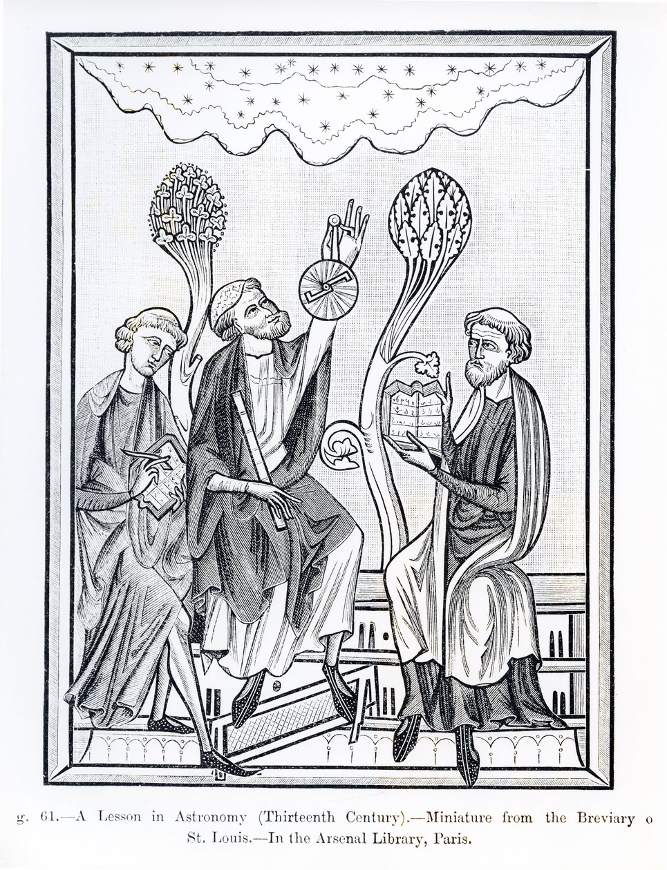 Een Les in Astronomie, uit het Brevier van St. Louis, illustratie uit Wetenschap en Literatuur in de Middeleeuwen en de Renaissance, geschreven en gegraveerd door Paul Lacroix, 1878 door French School