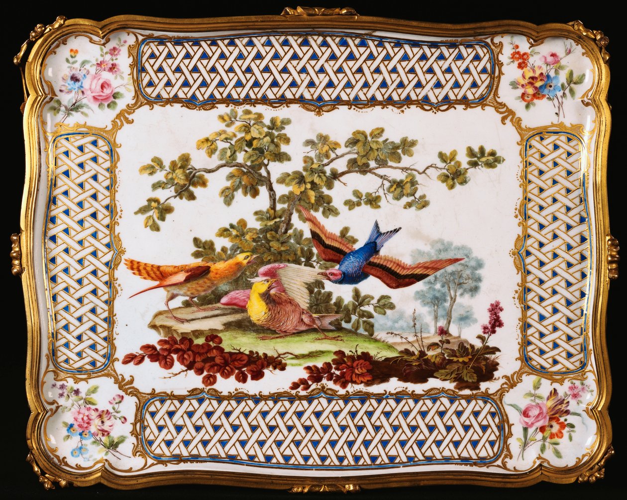 Een Louis XV Sevres dienblad versierd met drie exotische vogels in een landschap, vormend de bovenkant van een koffietafel, 1761 door French School