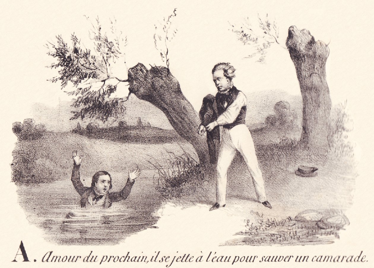 A: Liefde voor de naaste, hij springt in het water om een kameraad te redden door French School