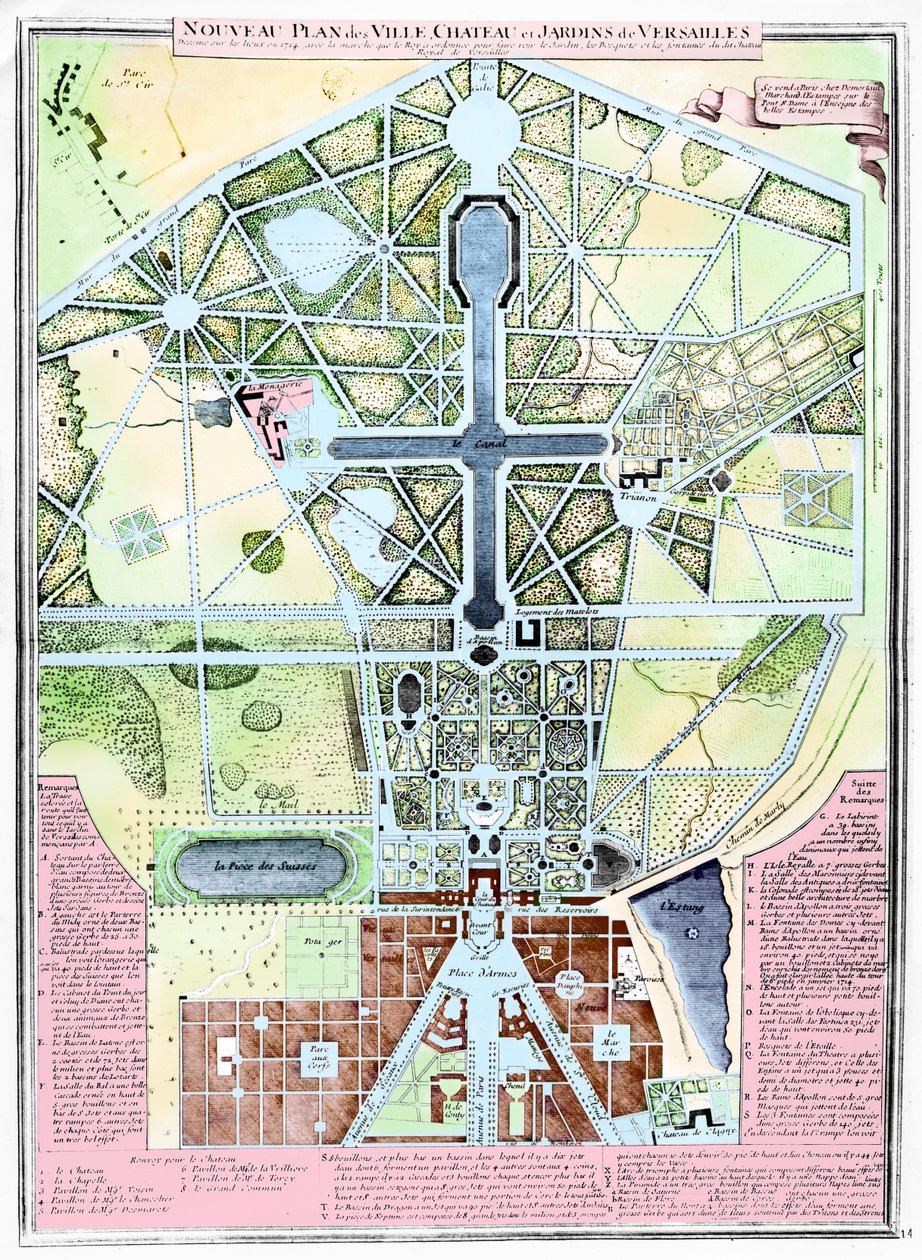 Een nieuw plan van de stad, het kasteel en de tuinen van Versailles, 1714 door French School