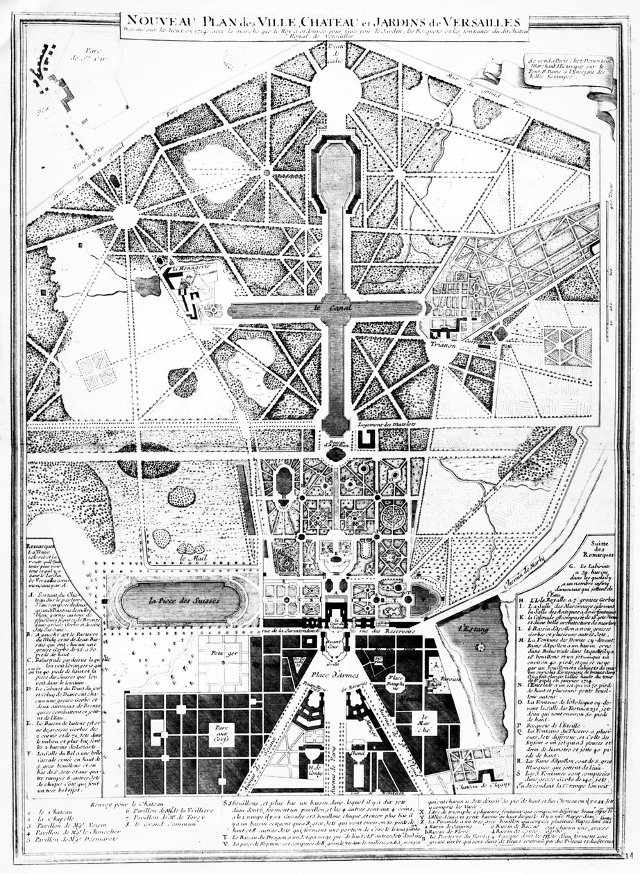 Een nieuw plan van de stad, het kasteel en de tuinen van Versailles, 1714 door French School
