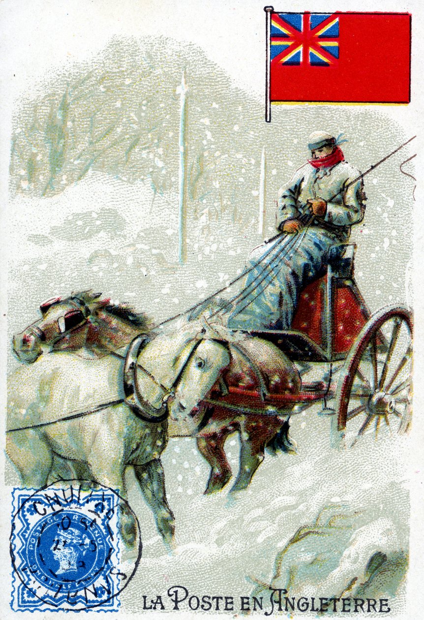 Een postbode in Engeland die post bezorgt in de winter, eind 19e eeuw door French School