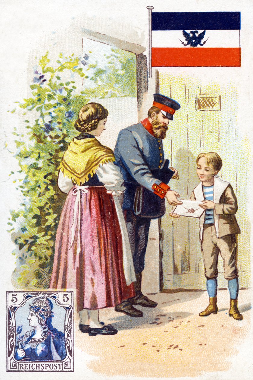 Een postbode in Duitsland die een brief bezorgt, eind 19e eeuw door French School