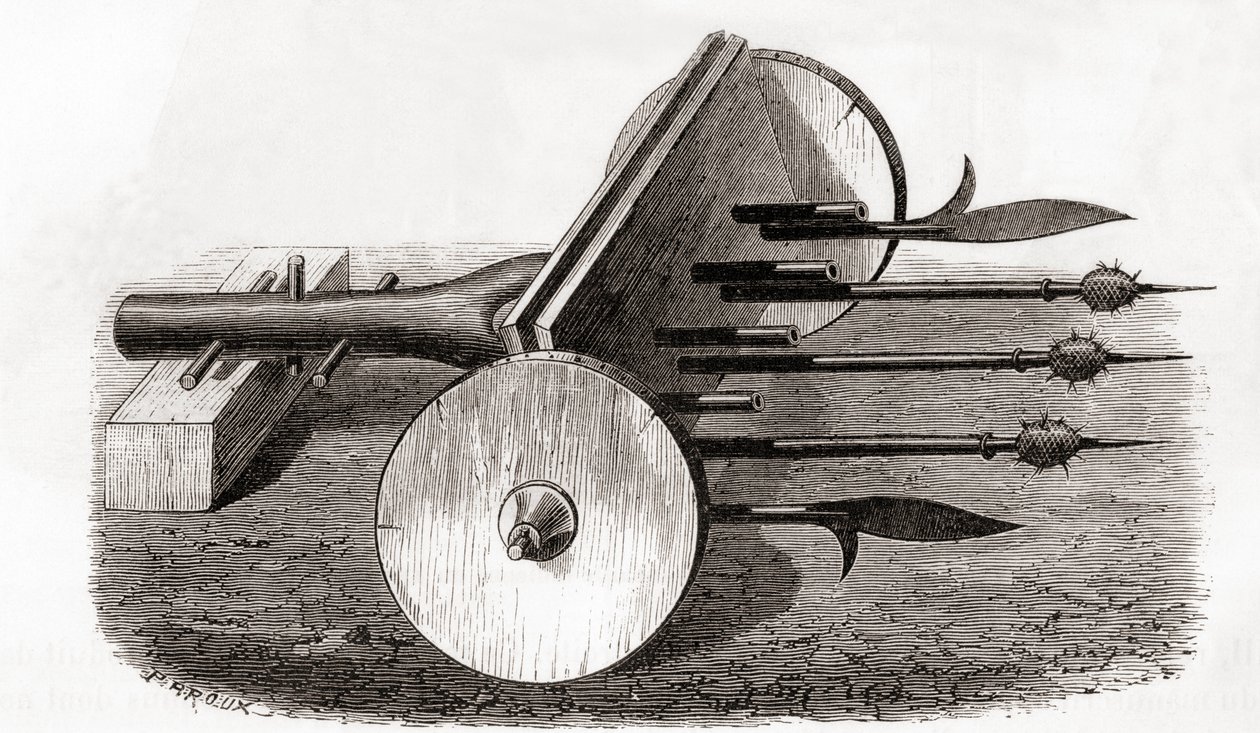Een Ribauldequin, infernale machine of orgelkanon, bewapend met kleine kanonnen en pieken, uit Les Merveilles de la Science, gepubliceerd ca. 1870 door French School