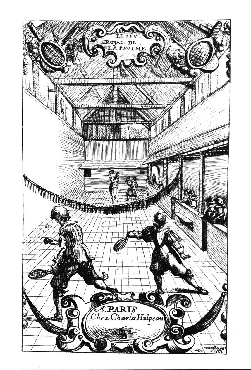 Een koninklijk tennisspel in de Jeu de Paume, Versailles, uitgegeven door Charles Hulpeau door French School