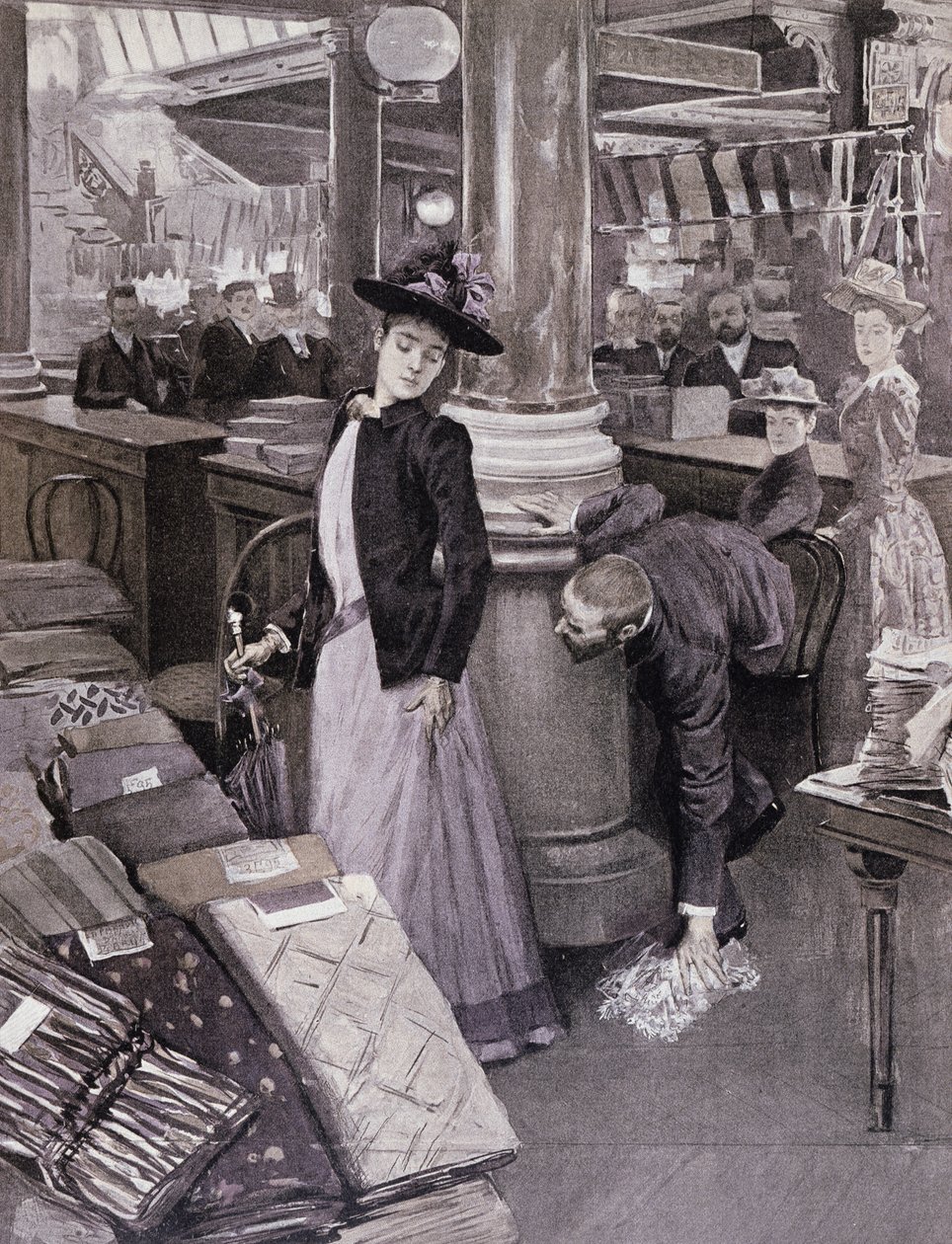 Een dief in een warenhuis in Parijs, illustratie uit Paradis des Dames, ca. 1895 door French School