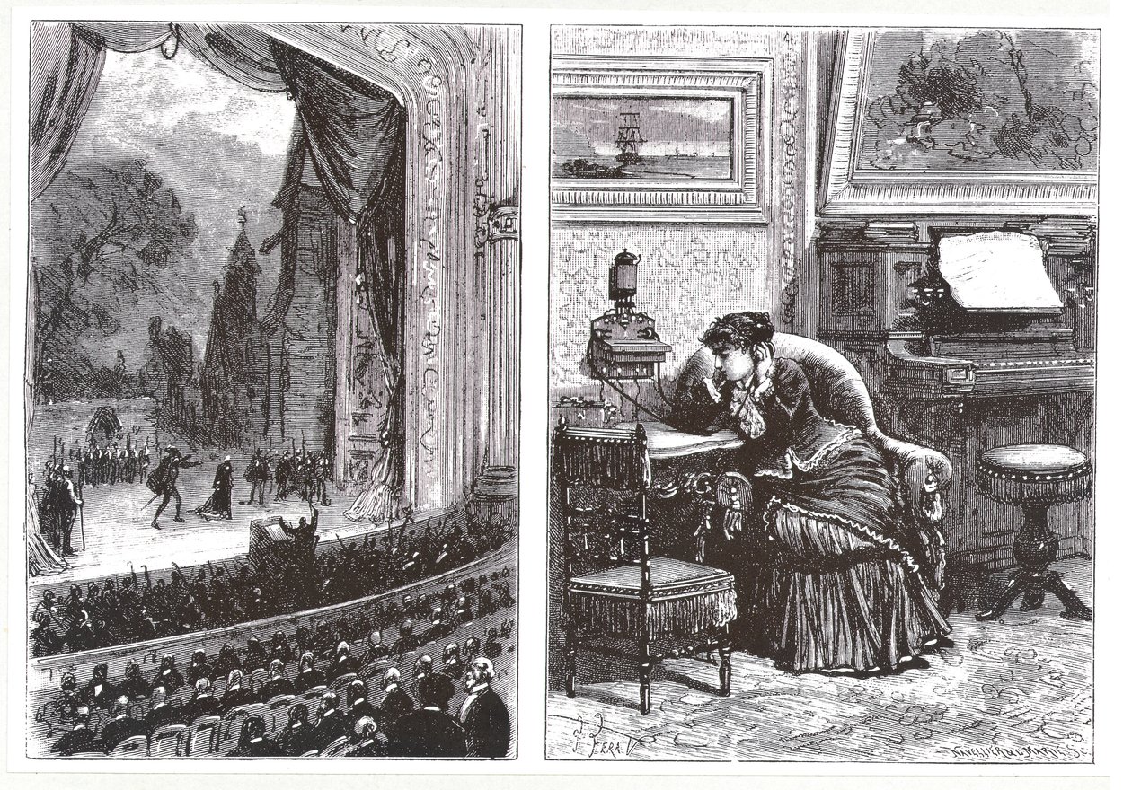 Een vrouw die thuis naar een operavoorstelling luistert via de Ader-Bell telefoon en Aders arrangement voor muziektransmissie, uit Les Nouvelles Conquetes de la Science door Louis Figuier door French School