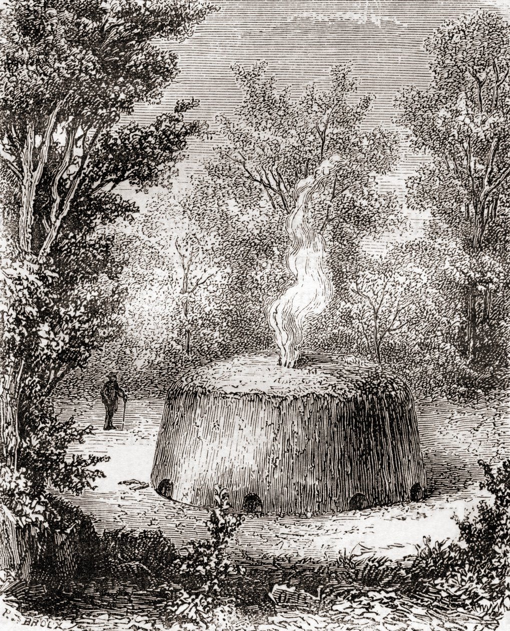 Een houtskooloven in het bos, naar een 19e-eeuwse tekening, uit Les Merveilles de la Science, gepubliceerd ca. 1870 door French School