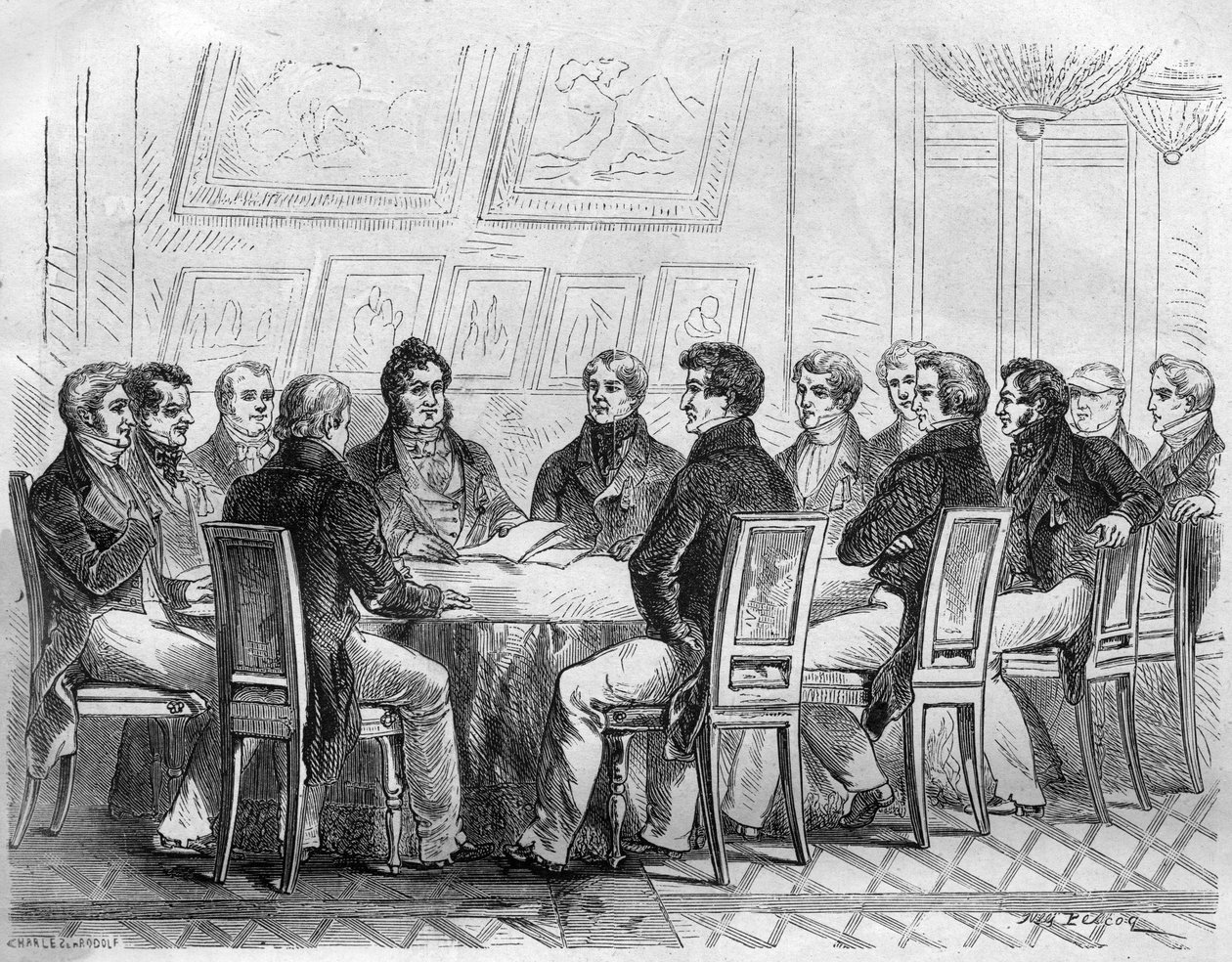 Een conciliabel van afgevaardigden van de bourgeoisie in het Palais Royal in Parijs onder Charles X en de Restauratie. Gravure in 