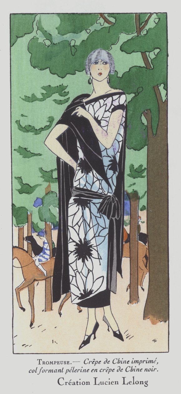 A day at the races - damesmode uit de jaren 1920 van ontwerper Lucien Lelong (kleurenlitho) door French School