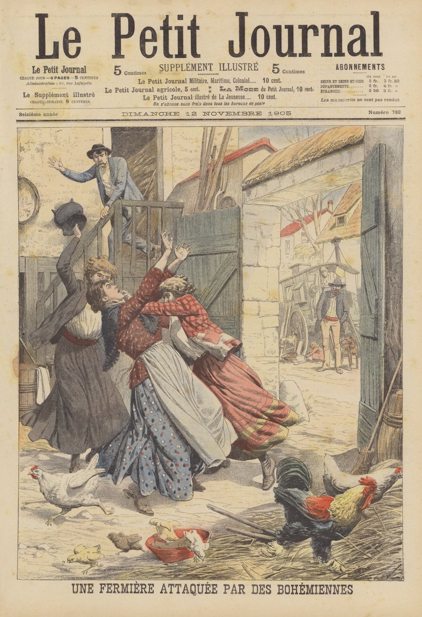 Een boer aangevallen door zigeuners (kleurenlitho) door French School