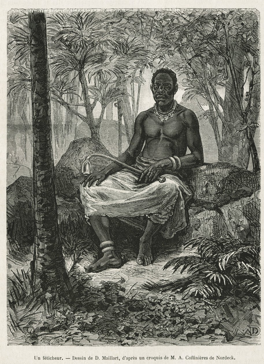 Een feticheur, tovenaar die de magische kracht van fetiches kan gebruiken, tekening door D. Maillart, ter illustratie van het verhaal van een reis naar Gabon en de Ogoue-rivier, in 1875-1877, door Alfred Marche. Gravure in Le tour du monde door French School