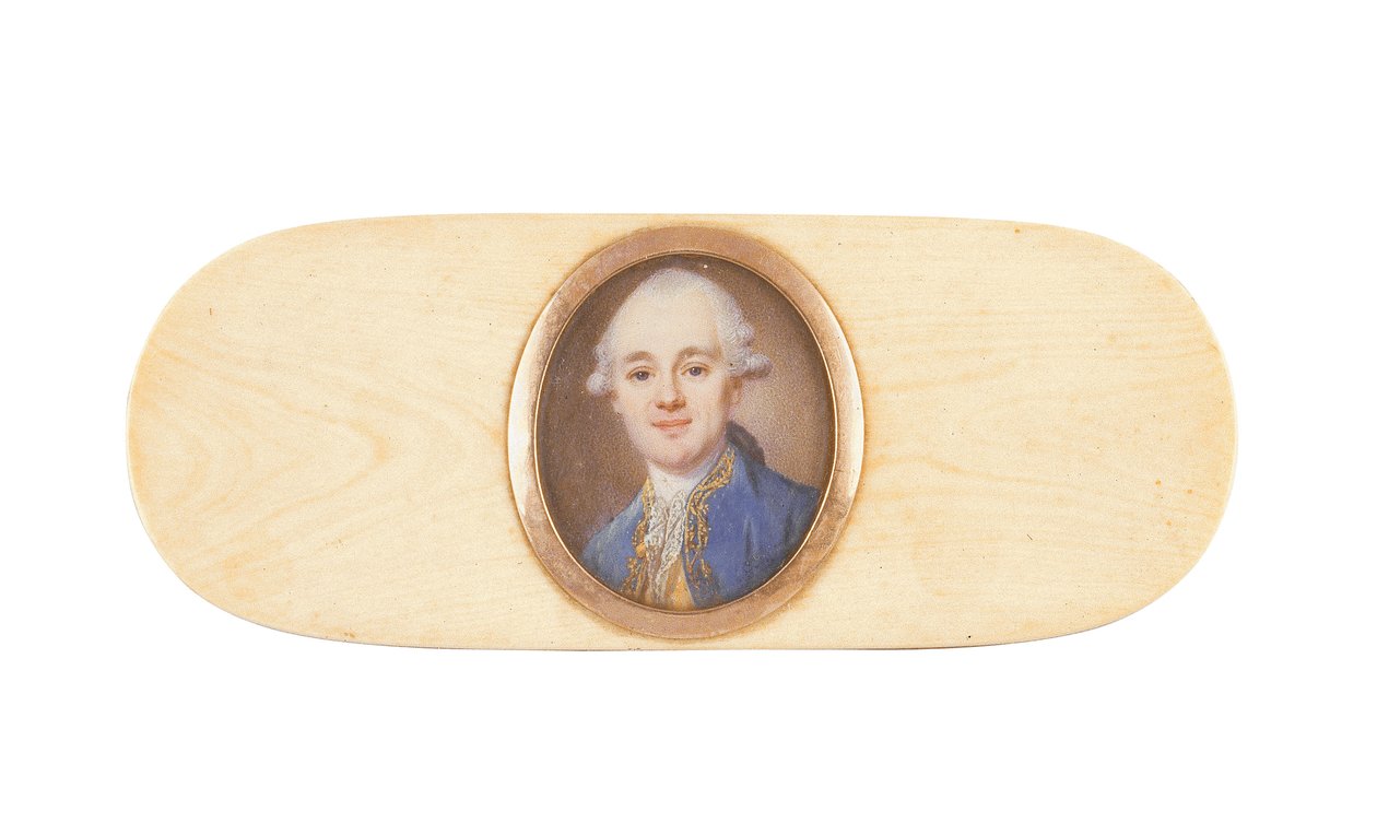 Een heer, vermoedelijk Sir Robert Ainslie, Bt., in het deksel van een doos door French School