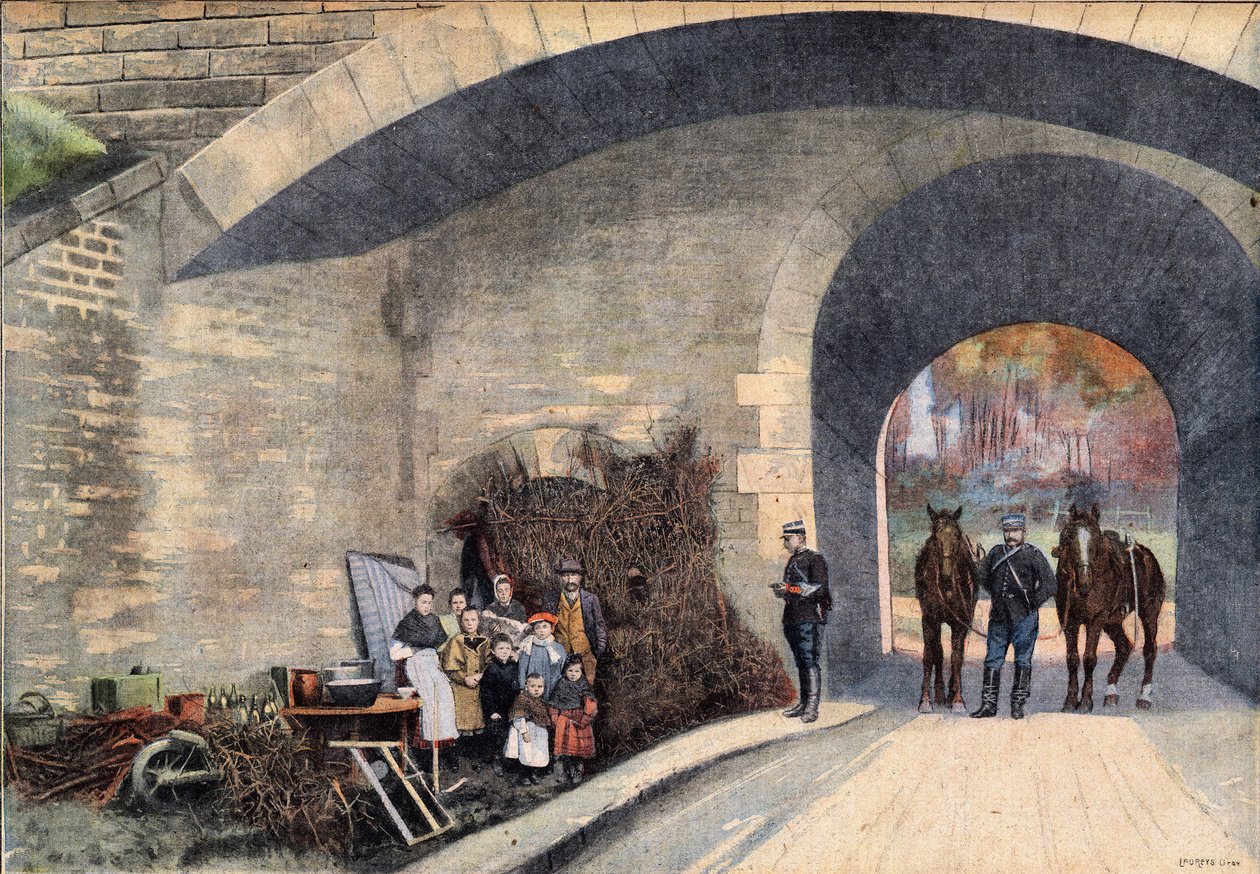 Een dakloze familie gekampeerd onder een brug in Parijs. Gravure uit de krant 