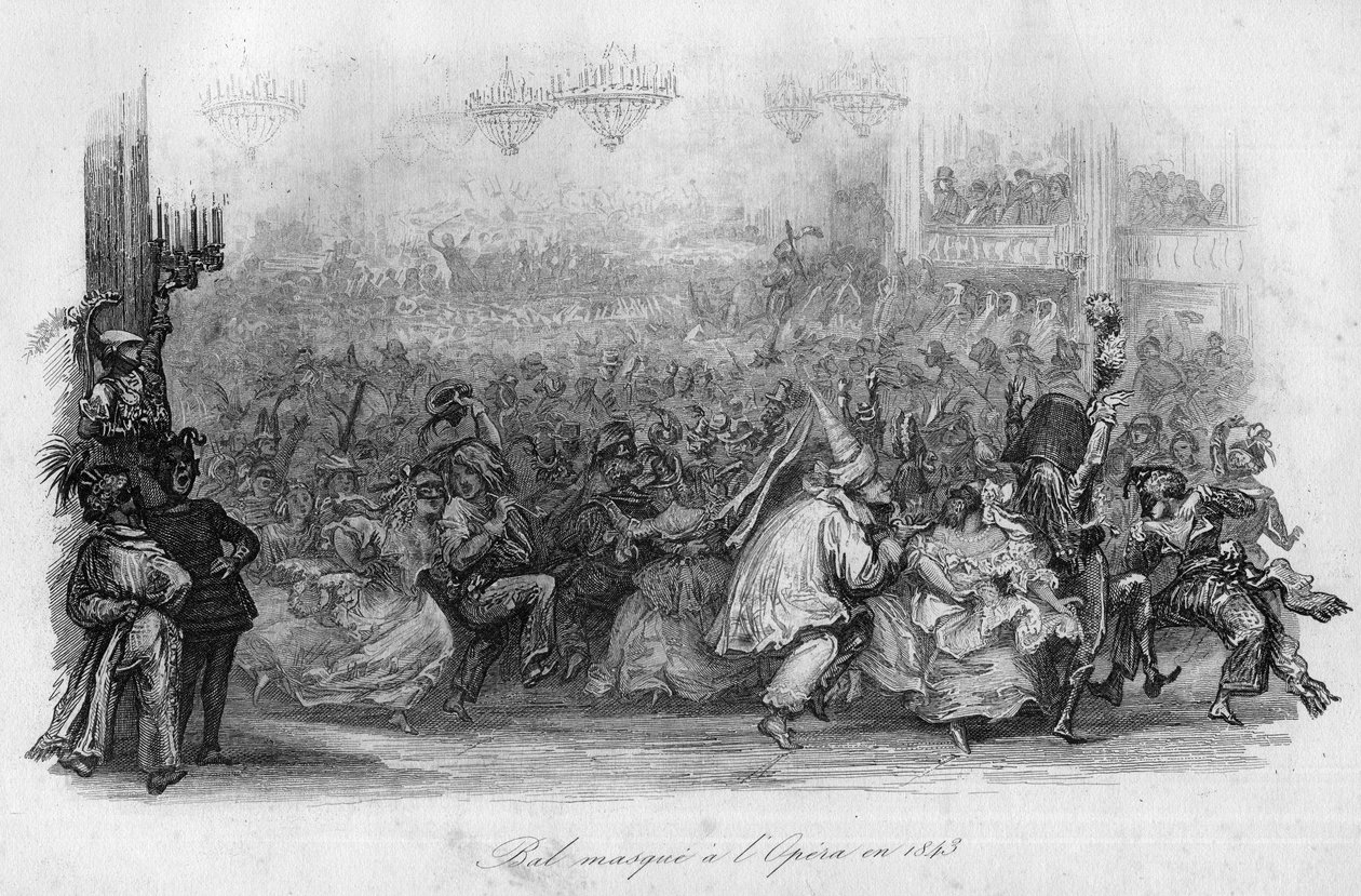 Ein Maskenball in der Pariser Oper im Jahr 1843. („Le carnaval“ Lied von Marc-Antoine Madeleine Desaugiers) in „CHANS et CHANS POPULES DE LA FRANCE - 1843 - H.- L. DELLOYE, Verleger, LIBRAIRIE DE GARNIER. von French School