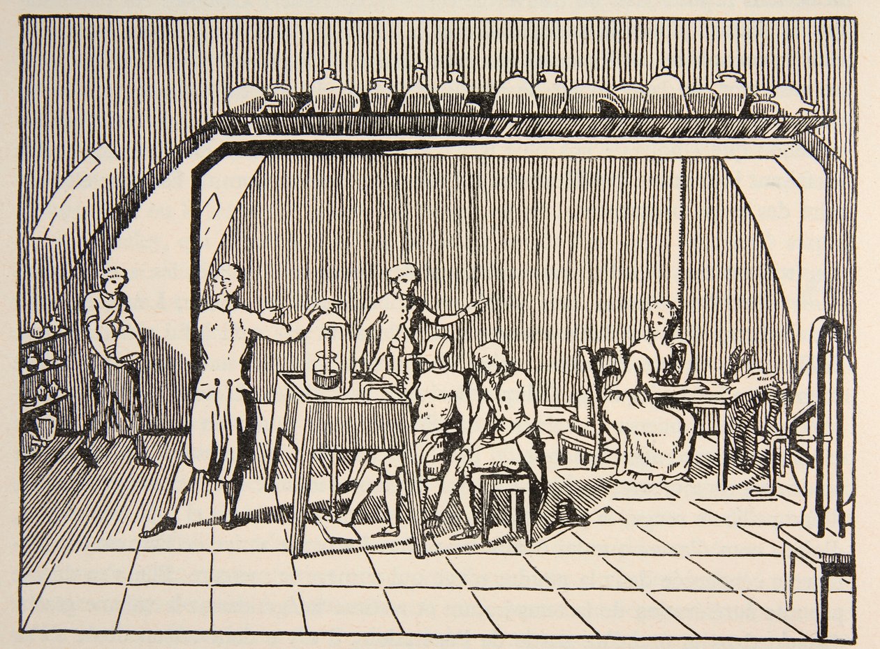 Een ademhalingsexperiment in het laboratorium van Lavoisier, kopie door Boris Mestchersky (d.1957) illustratie uit Histoire de la Nation Francaise, Sciences, Volumes I & II, door Gabriel Hanotaux (1853-1944), 1924 door French School