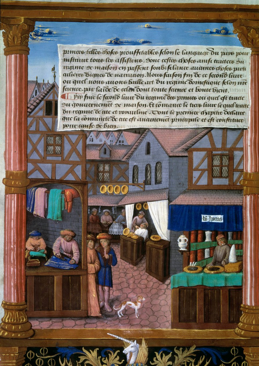 Een straat in Parijs met kraampjes aan het begin van de 16e eeuw Manuscriptpagina uit 