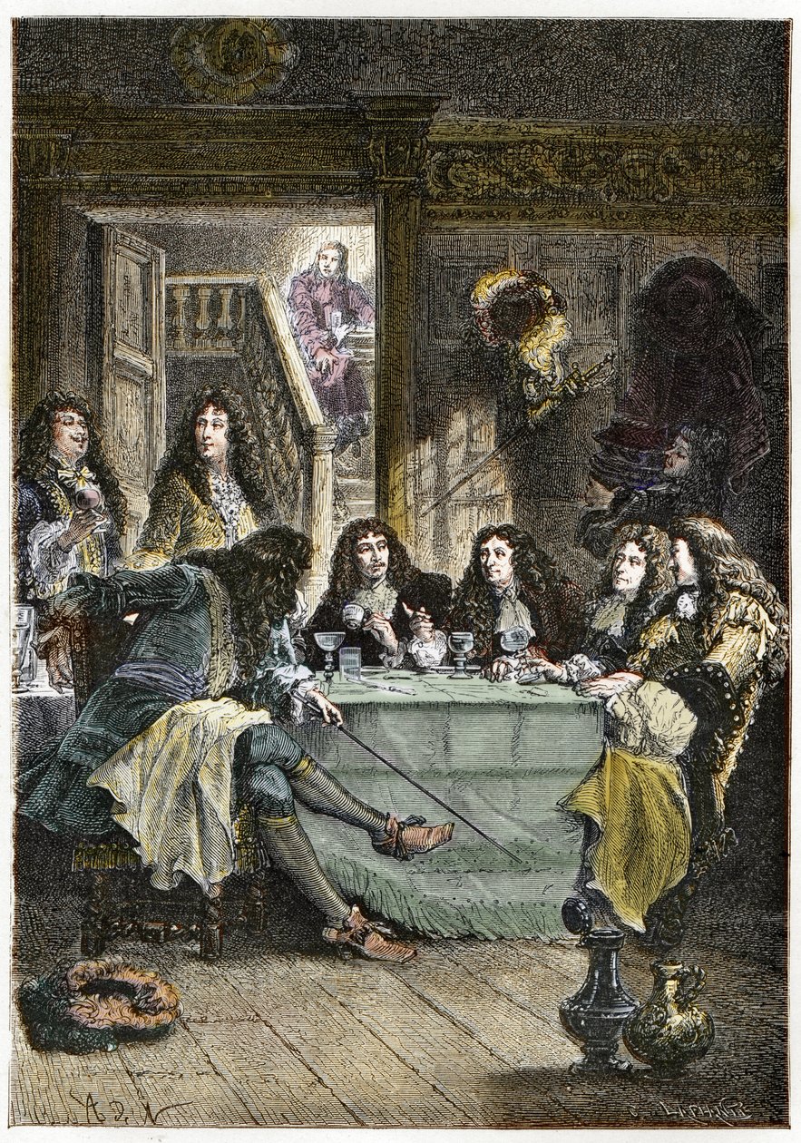 Een salon (cabaret) met Franse schrijvers Jean de La Fontaine (1621-1695), Nicolas Boileau-Despréaux (1636-1711), toneelschrijver Jean Baptiste Poquelin genaamd Molière (1622-1673), en dichter Jean Racine (1639-1699) - La Fontaine, Boileau door French School