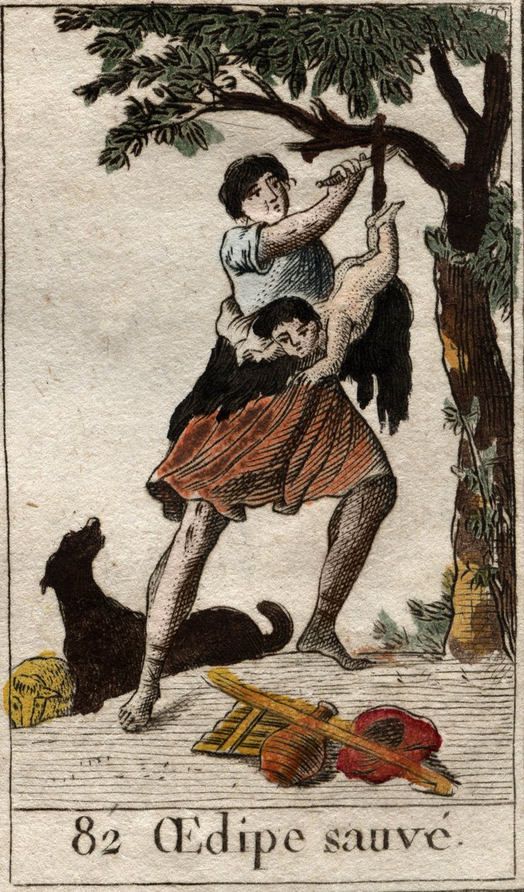 Een herder redt Oedipus als kind, verlaten door zijn ouders vanwege het dringende advies van het orakel van de Pythia. Uit 