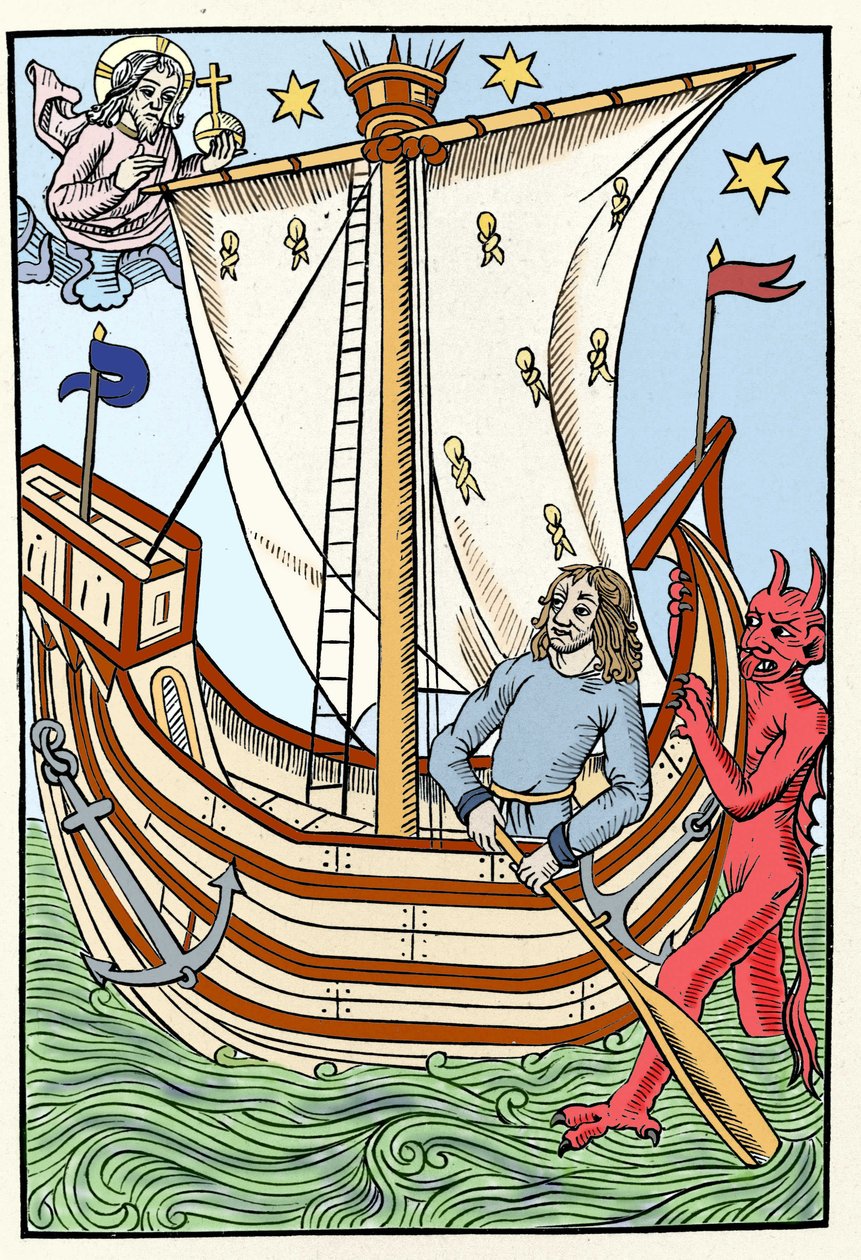 Een schip tussen de gevaren van de zee. Een demon greep de boeg terwijl God zich aan de linkerkant manifesteerde. Gravure uit "De Grote Kalender en Compost van de Herders", Troyes 1491 door French School