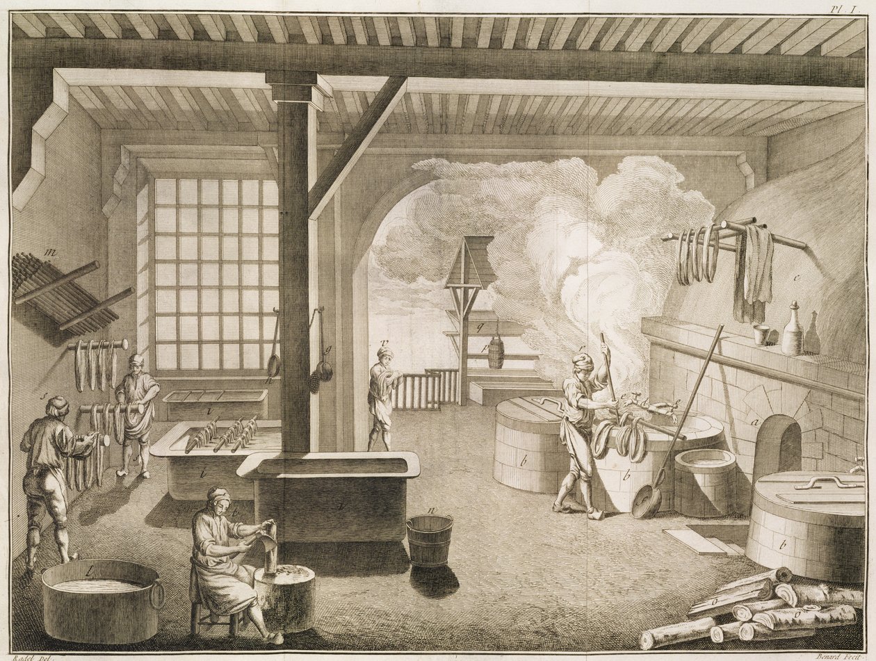 Een zijdeververij, uit de Encyclopedie des Sciences et Metiers door Denis Diderot, gepubliceerd ca. 1770 door French School