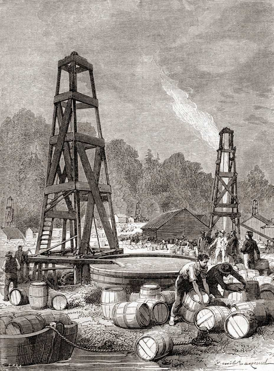 Een bron van aardolie bij Oil Creek aan de Allegheny River, Pennsylvania, VS in 1858, ontdekt door Edwin Laurentine Drake, alias Kolonel Drake, uit 