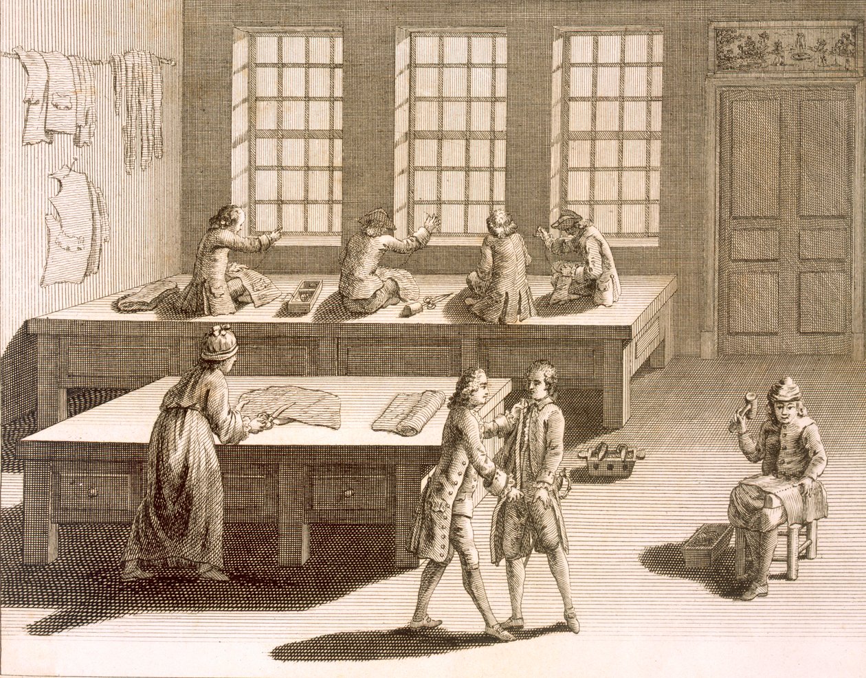 Een kleermakerswerkplaats, uit de Encyclopedie des Sciences et Metiers door Denis Diderot, gepubliceerd ca. 1770 door French School