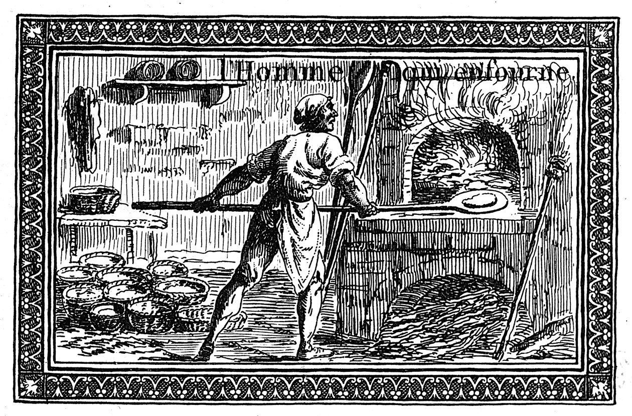 Een vignet dat brood maken afbeeldt (gravure) door French School