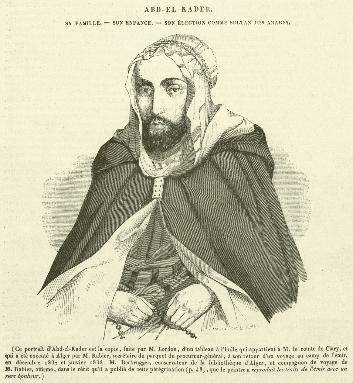 Abd-el-Kader, zijn familie, zijn jeugd, zijn verkiezing tot sultan van de Arabieren (gravure) door French School