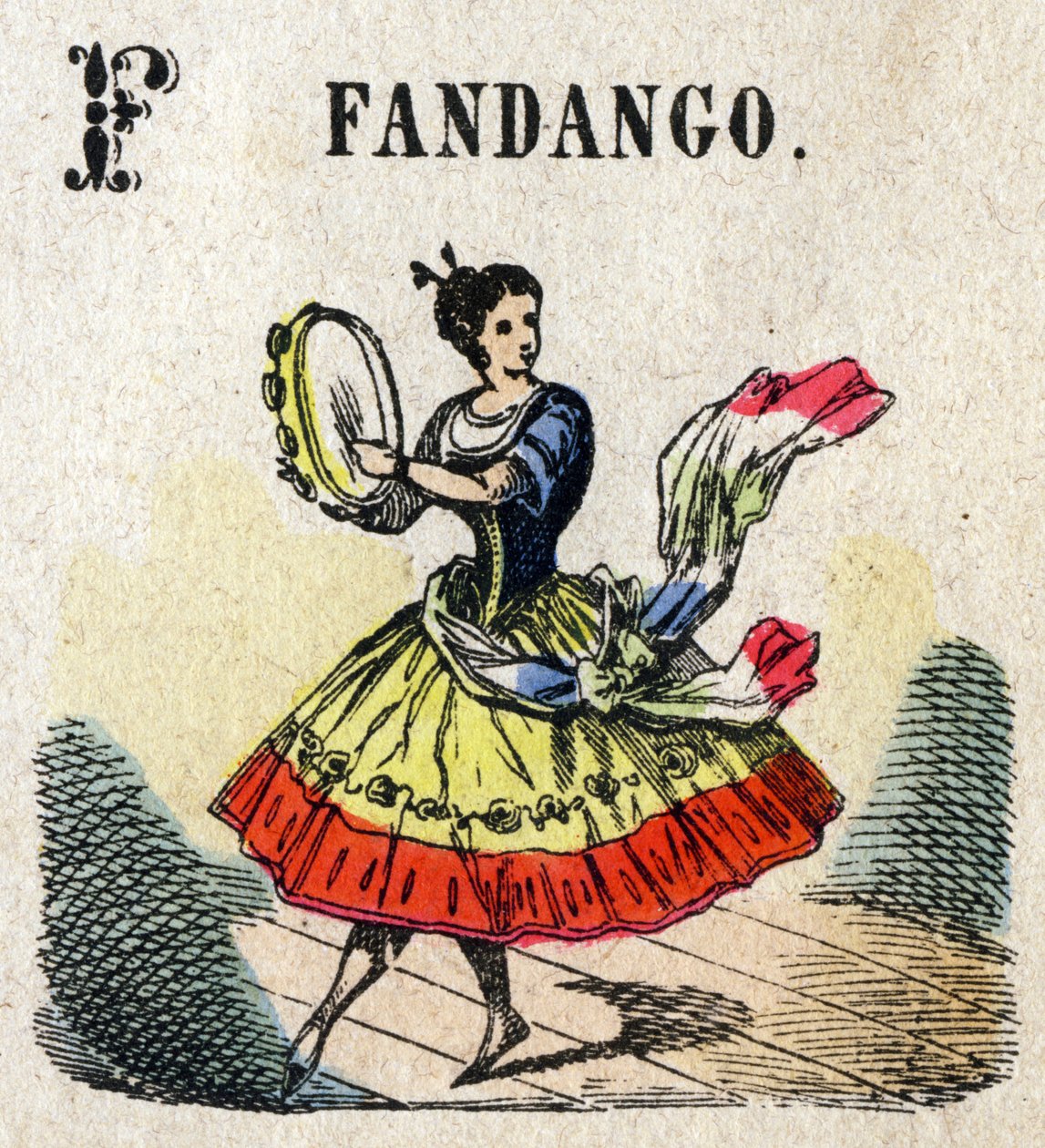 Abecedarium. Letter F zoals Fandango. Kleine encyclopedische alfabet, populaire serie. Epinal beeld, eind 19e eeuw door French School