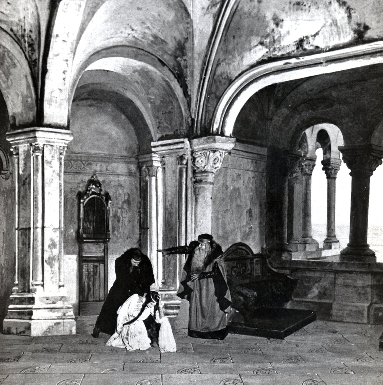 Acte IV, Scene 2 van Pelleas et Melisande door Debussy, van een foto van de eerste productie in april 1902 van de opera in de Opera-Comique in Parijs, illustratie in Theatre magazine, juni 1902 door French School