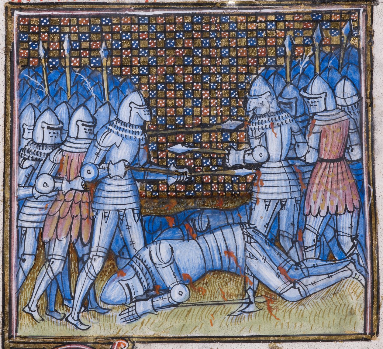 Add. 38659 fol.170 De dood van Sir John Chandos. Een middeleeuws gevecht, illuminatie uit 