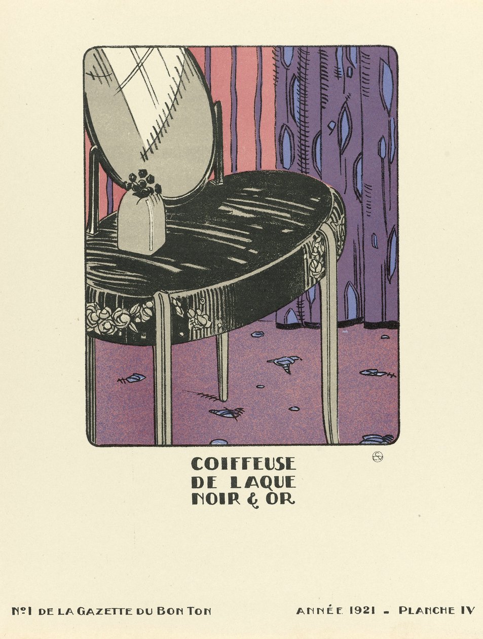 Reclame voor "Coiffeuse de Laque Noir  Or", pub.1921 (sjabloondruk) door French School