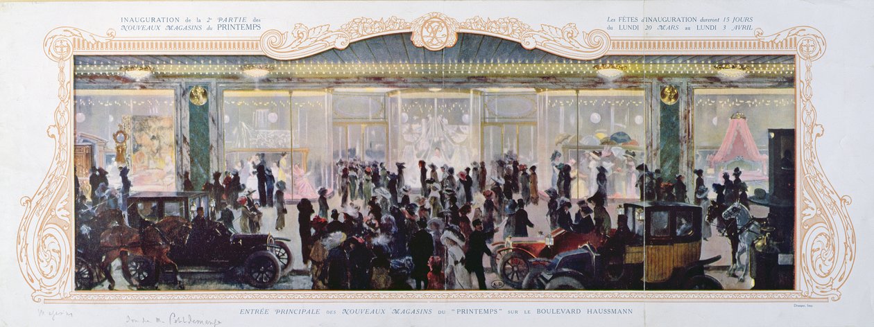 Advertentie voor de opening van nieuwe gebouwen bij het Parijse warenhuis Printemps, 1910 door French School