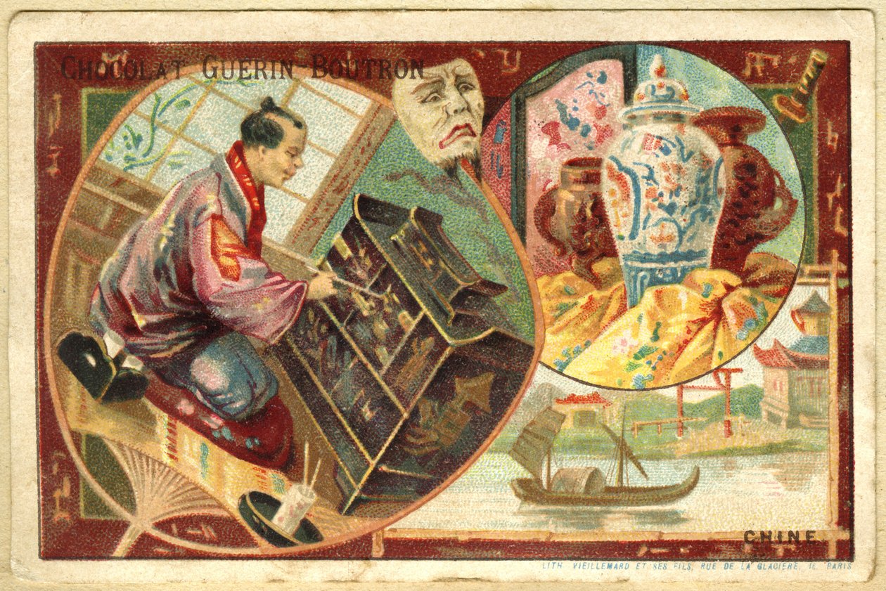 Reclamechromolithografie van Guérin Boutron-chocolade door French School