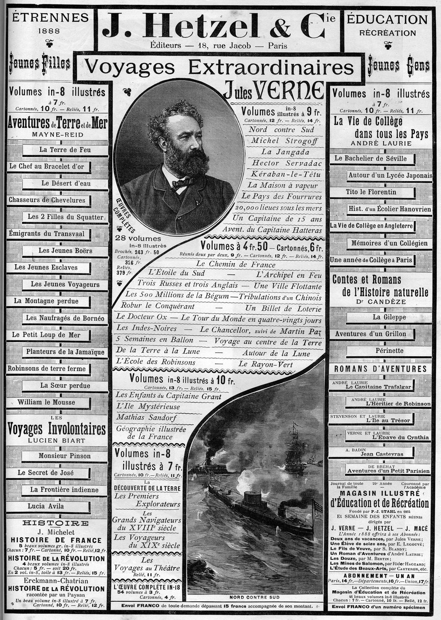 Reclame voor de romans van Jules Verne aan het einde van het jaar 1887, uitgever J. Hetzel door French School