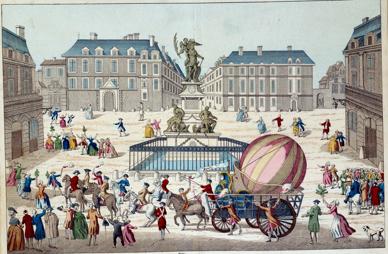 Aerostaat: de tweede poging om met een ballon te vliegen. De hele aerostatische bol van Charles en Robert in Parijs, na een reis met een waterstofgasballon, op 02/12/1783. Anonieme 18e-eeuwse prent. Parijs, decoratieve kunsten door French School