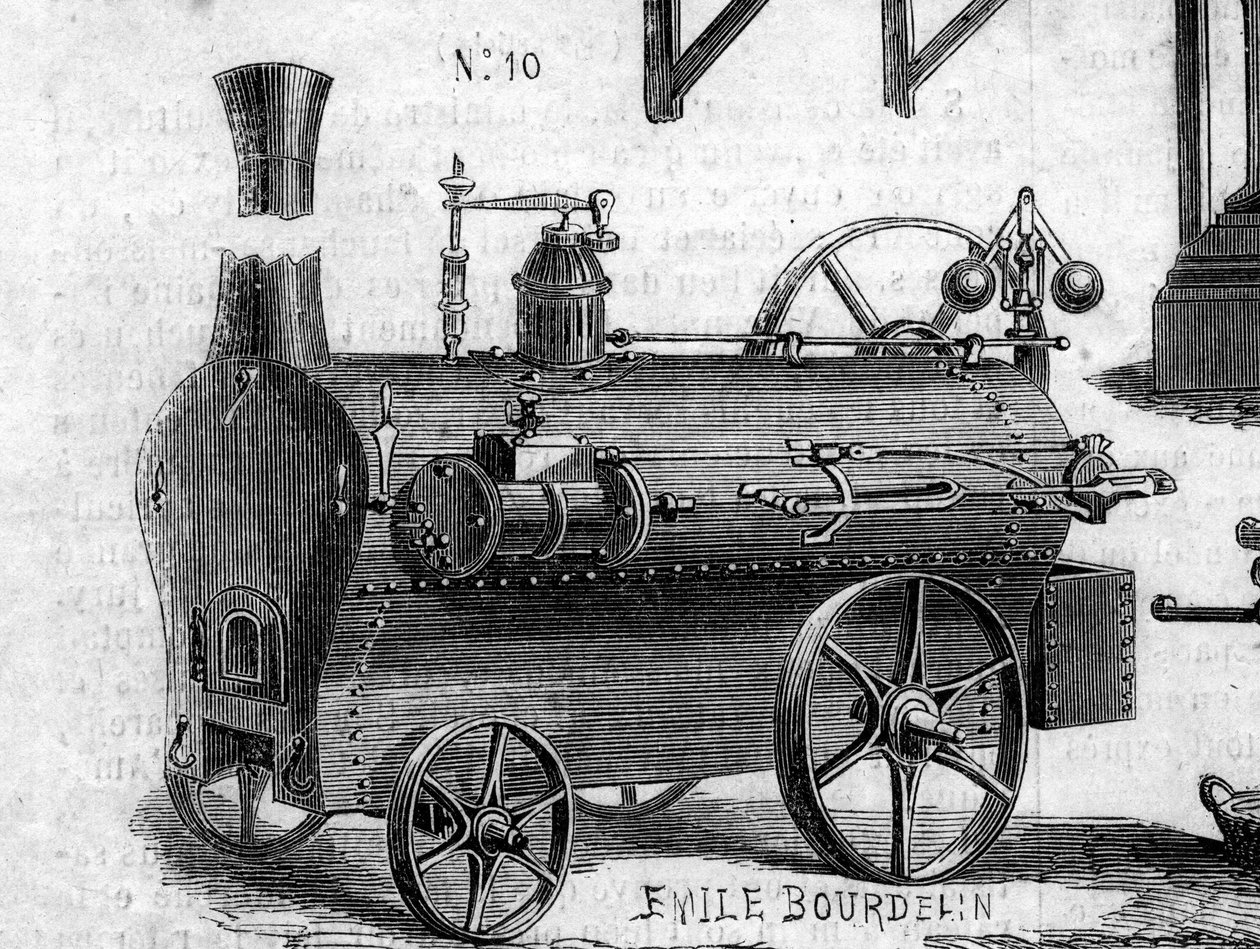 Landbouwmachine: een locomobiel gepresenteerd op de Parijse landbouwwedstrijd in 1860. Gravure in 