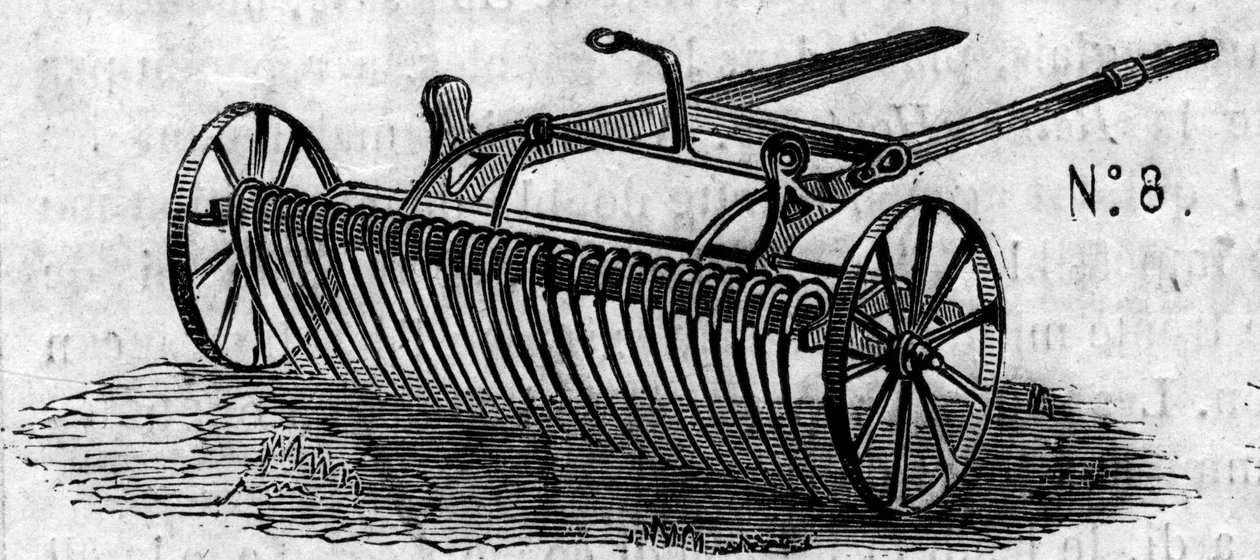 Landbouwmachine: een Engelse paardenhark gepresenteerd op de Parijse landbouwwedstrijd in 1860. Gravure in "Le Monde Illustré" nr. 16 van 7 juli 1860. door French School