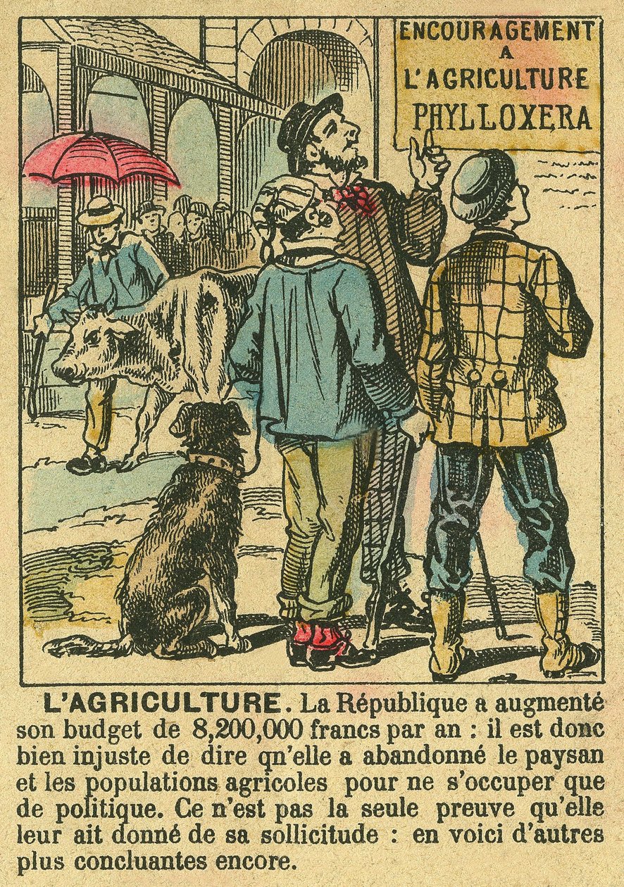 Landbouw illustreert de voordelen van de Derde Republiek voor landbouwinvesteringen en de zorg voor de boerenbevolking. Gravure in 
